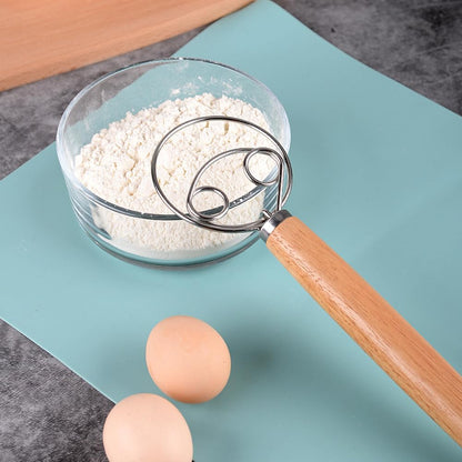 Danish Dough Whisk, 13 inch Sourdough Whisk Stainless Steel Bread Dough Mixer with Smooth Wooden Handle, Sourdough Stirring Stick Bread Making Tool(SIZE:Double Eye)