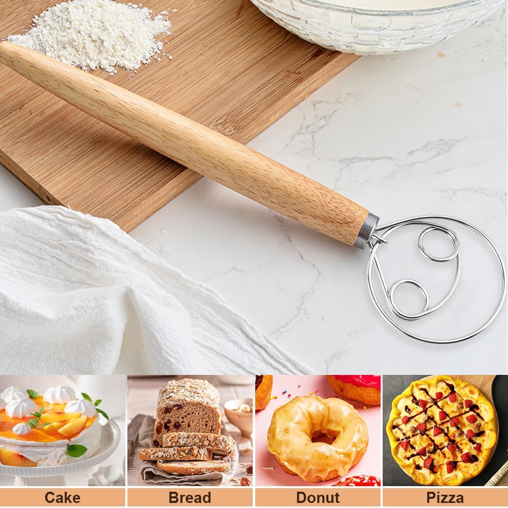 Danish Dough Whisk, 13 inch Sourdough Whisk Stainless Steel Bread Dough Mixer with Smooth Wooden Handle, Sourdough Stirring Stick Bread Making Tool(SIZE:Double Eye)