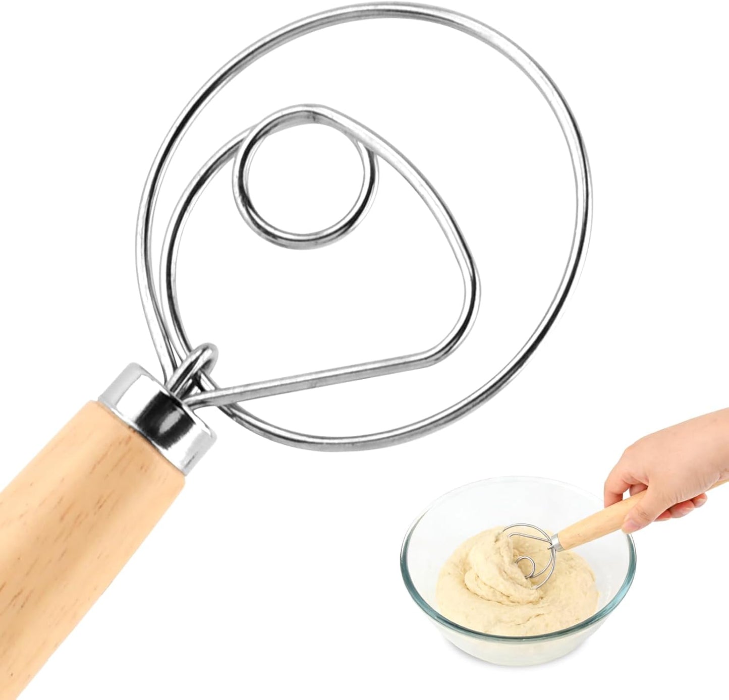 Danish Dough Whisk, 13 inch Sourdough Whisk Stainless Steel Bread Dough Mixer with Smooth Wooden Handle, Sourdough Stirring Stick Bread Making Tool(SIZE:Double Eye)
