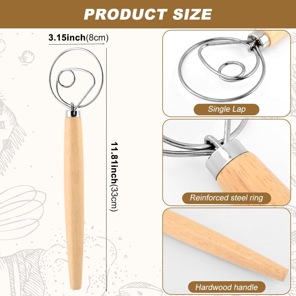 Danish Dough Whisk, 13 inch Sourdough Whisk Stainless Steel Bread Dough Mixer with Smooth Wooden Handle, Sourdough Stirring Stick Bread Making Tool(SIZE:Double Eye)