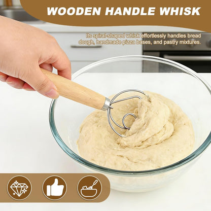 Danish Dough Whisk, 13 inch Sourdough Whisk Stainless Steel Bread Dough Mixer with Smooth Wooden Handle, Sourdough Stirring Stick Bread Making Tool(SIZE:Double Eye)