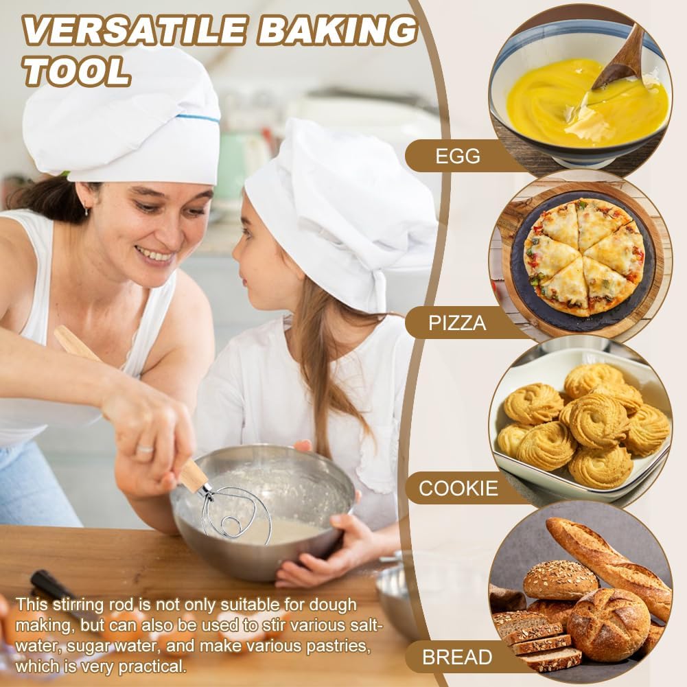 Danish Dough Whisk, 13 inch Sourdough Whisk Stainless Steel Bread Dough Mixer with Smooth Wooden Handle, Sourdough Stirring Stick Bread Making Tool(SIZE:Double Eye)