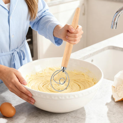 Danish Dough Whisk, 13 inch Sourdough Whisk Stainless Steel Bread Dough Mixer with Smooth Wooden Handle, Sourdough Stirring Stick Bread Making Tool(SIZE:Double Eye)