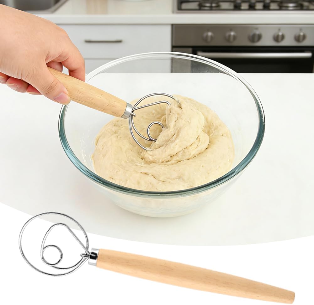 Danish Dough Whisk, 13 inch Sourdough Whisk Stainless Steel Bread Dough Mixer with Smooth Wooden Handle, Sourdough Stirring Stick Bread Making Tool(SIZE:Double Eye)