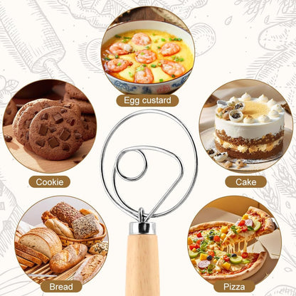 Danish Dough Whisk, 13 inch Sourdough Whisk Stainless Steel Bread Dough Mixer with Smooth Wooden Handle, Sourdough Stirring Stick Bread Making Tool(SIZE:Double Eye)