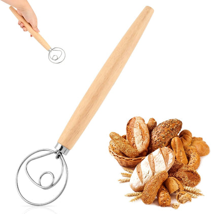 Danish Dough Whisk, 13 inch Sourdough Whisk Stainless Steel Bread Dough Mixer with Smooth Wooden Handle, Sourdough Stirring Stick Bread Making Tool(SIZE:Double Eye)