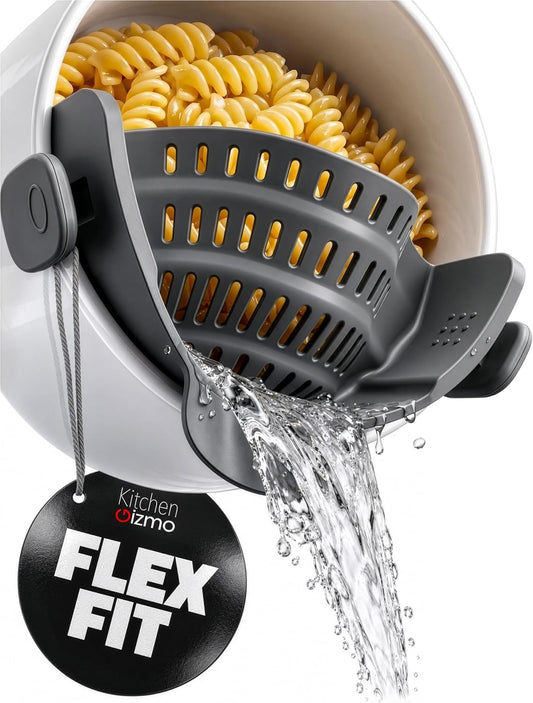 Snap N' Strain - Silicone Pasta Strainer Clip-On for Pots and Pans - Heat Resistant Colander for Vegetables and Noodles - Kitchen Gadgets for Cooking - Space-Saving Design - Gray