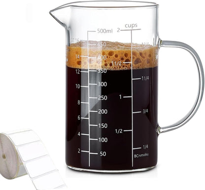 Measuring Cup, 500ML 2 CUP Glass Liquid Measuring Cup with Blank Label, Three Scales (OZ, Cup, ML/CC) High Borosilicate Glass for Kitchen or Restaurant, V-Shaped Spout Measuring Cups