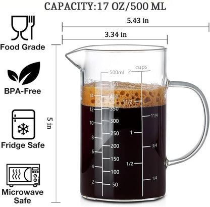 Measuring Cup, 500ML 2 CUP Glass Liquid Measuring Cup with Blank Label, Three Scales (OZ, Cup, ML/CC) High Borosilicate Glass for Kitchen or Restaurant, V-Shaped Spout Measuring Cups