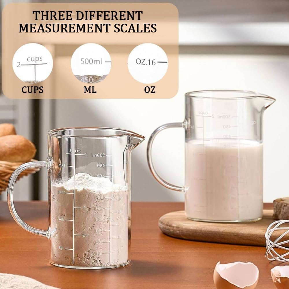 Measuring Cup, 500ML 2 CUP Glass Liquid Measuring Cup with Blank Label, Three Scales (OZ, Cup, ML/CC) High Borosilicate Glass for Kitchen or Restaurant, V-Shaped Spout Measuring Cups