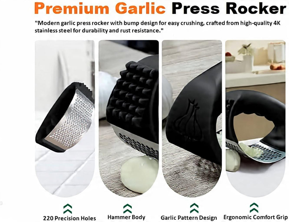 Garlic Press Rocker – Stainless Steel Garlic Mincer and Crusher with Ergonomic Handle – Easy to Use, Clean & Store – Perfect Kitchen Gadget for Cooking Lovers
