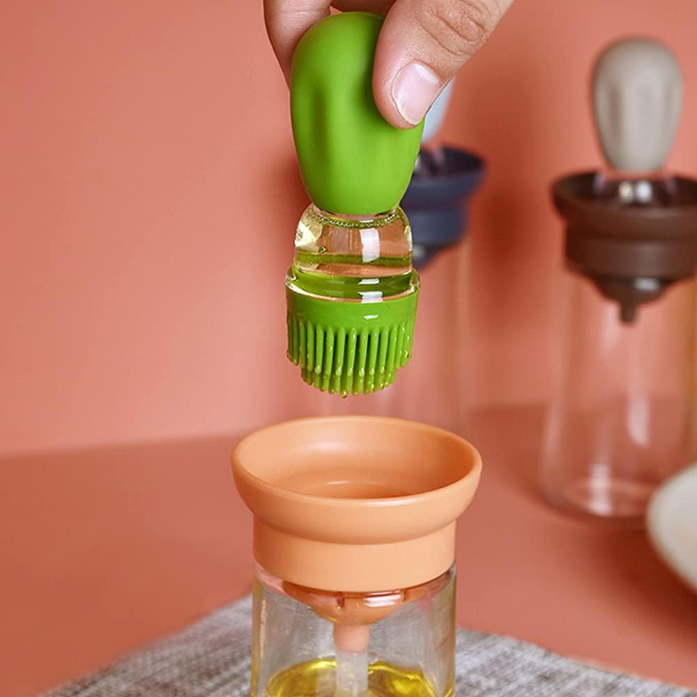 Oil Dispenser with Brush - Glass Olive Oil Dispenser for Kitchen, 2 IN 1 Oil Dispenser Bottle with Silicone Basting Brush for Cooking Vinegar Sauce BBQ Grill Frying, T-OB21, Grey