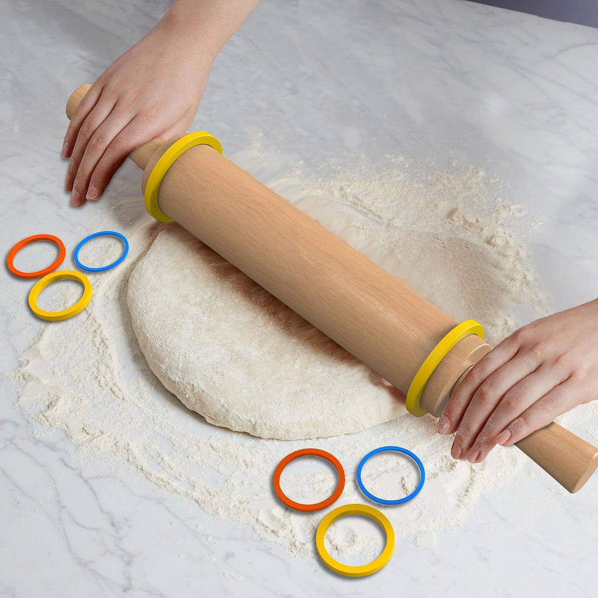 Rolling Pin with Handles,Dough Roller for Baking with 4 Thickness Rings