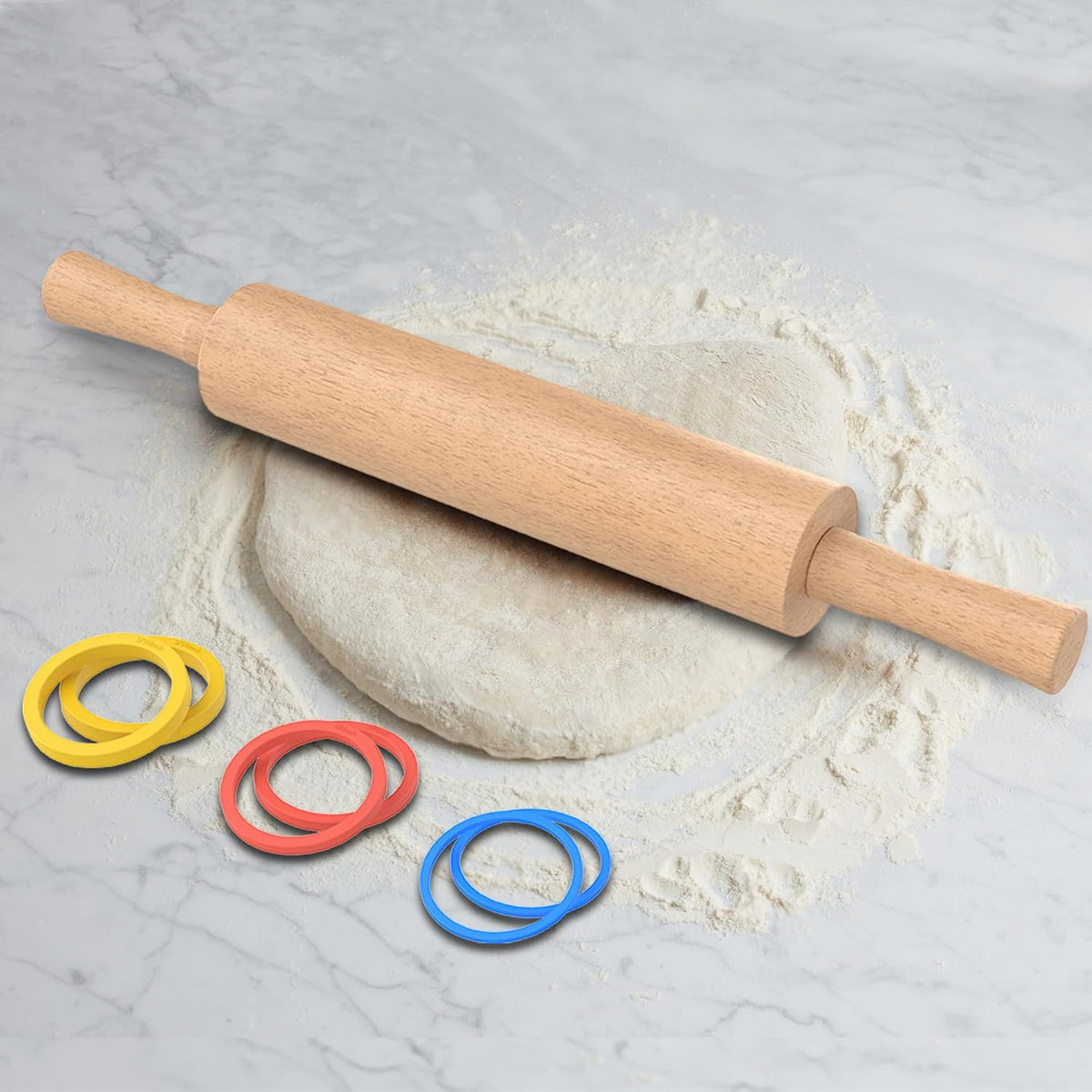 Rolling Pin with Handles,Dough Roller for Baking with 4 Thickness Rings