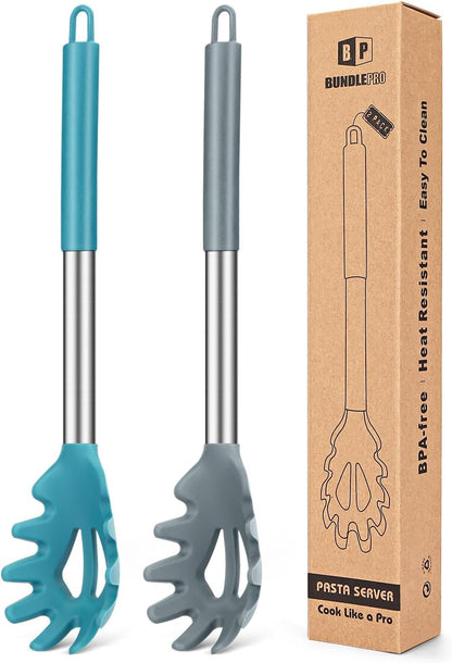 Silicone Pasta Fork, 2 Pack, Gray-Blue | Kitchen Heat Resistant, Noodle Spoon Server, BPA Free, Spaghetti Strainer