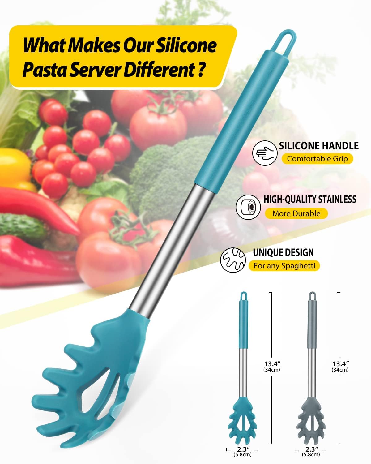 Silicone Pasta Fork, 2 Pack, Gray-Blue | Kitchen Heat Resistant, Noodle Spoon Server, BPA Free, Spaghetti Strainer