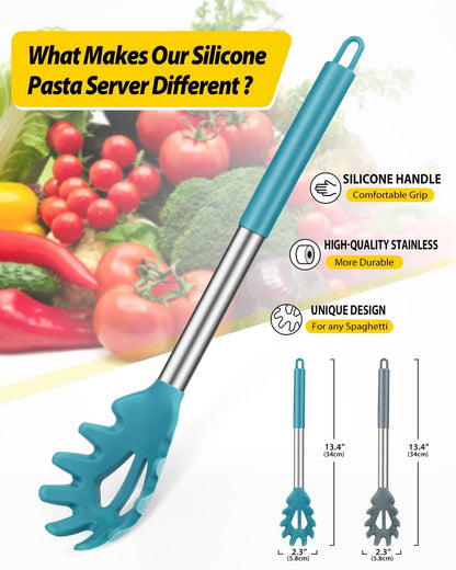 Silicone Pasta Fork, 2 Pack, Gray-Blue | Kitchen Heat Resistant, Noodle Spoon Server, BPA Free, Spaghetti Strainer