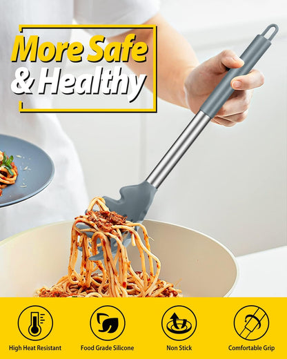 Silicone Pasta Fork, 2 Pack, Gray-Blue | Kitchen Heat Resistant, Noodle Spoon Server, BPA Free, Spaghetti Strainer