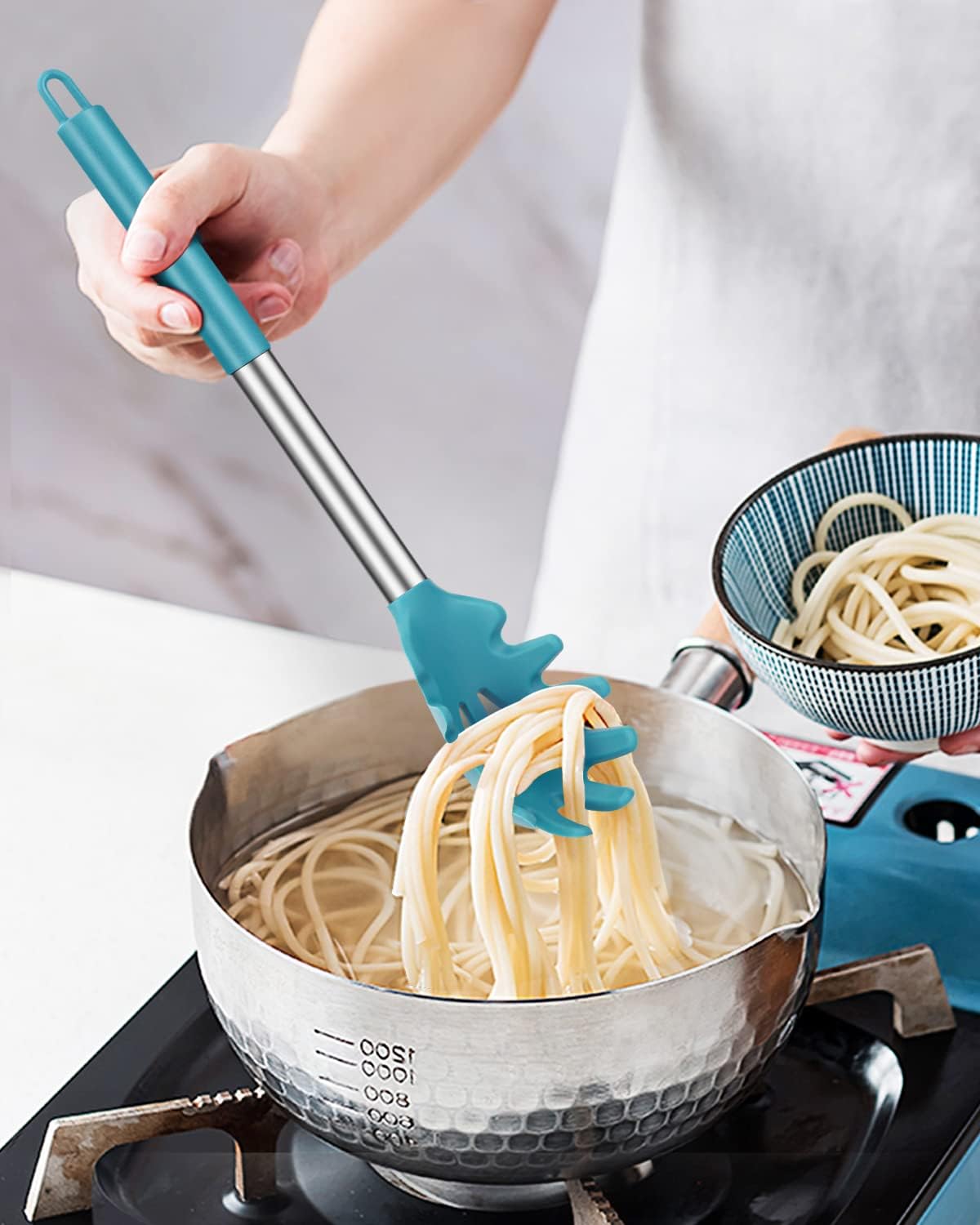 Silicone Pasta Fork, 2 Pack, Gray-Blue | Kitchen Heat Resistant, Noodle Spoon Server, BPA Free, Spaghetti Strainer