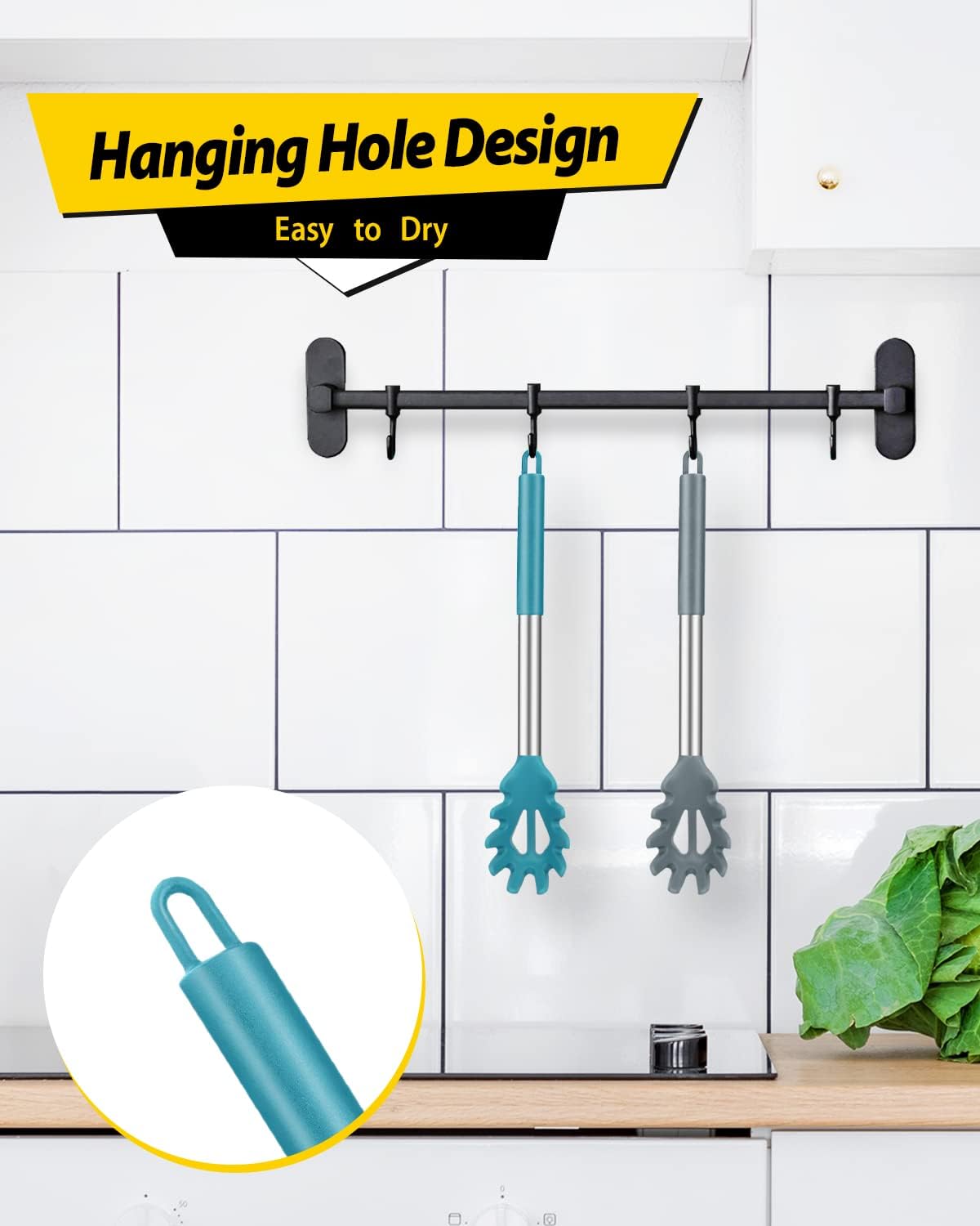 Silicone Pasta Fork, 2 Pack, Gray-Blue | Kitchen Heat Resistant, Noodle Spoon Server, BPA Free, Spaghetti Strainer