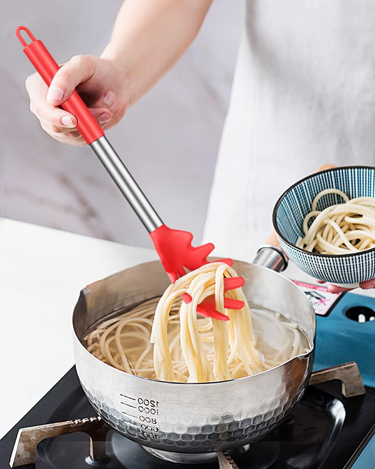Silicone Pasta Fork, 2 Pack, Gray-Blue | Kitchen Heat Resistant, Noodle Spoon Server, BPA Free, Spaghetti Strainer