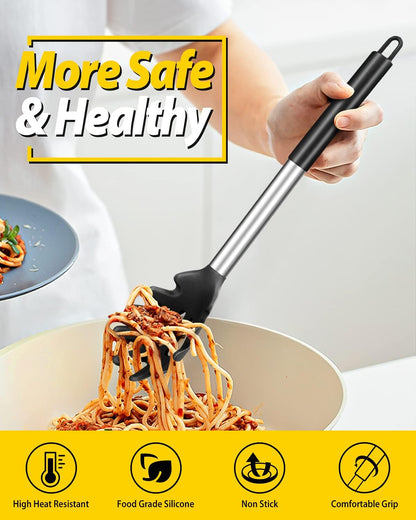 Silicone Pasta Fork, 2 Pack, Gray-Blue | Kitchen Heat Resistant, Noodle Spoon Server, BPA Free, Spaghetti Strainer