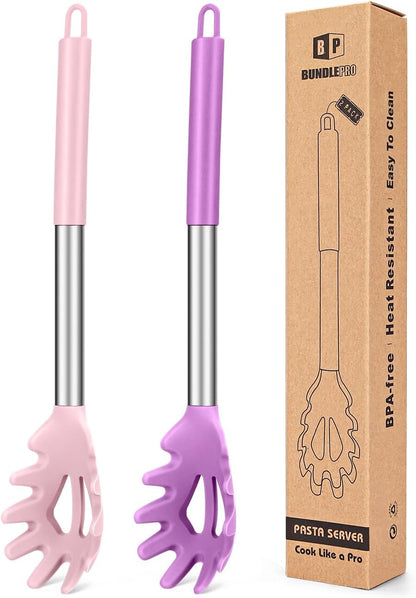 Silicone Pasta Fork, 2 Pack, Gray-Blue | Kitchen Heat Resistant, Noodle Spoon Server, BPA Free, Spaghetti Strainer