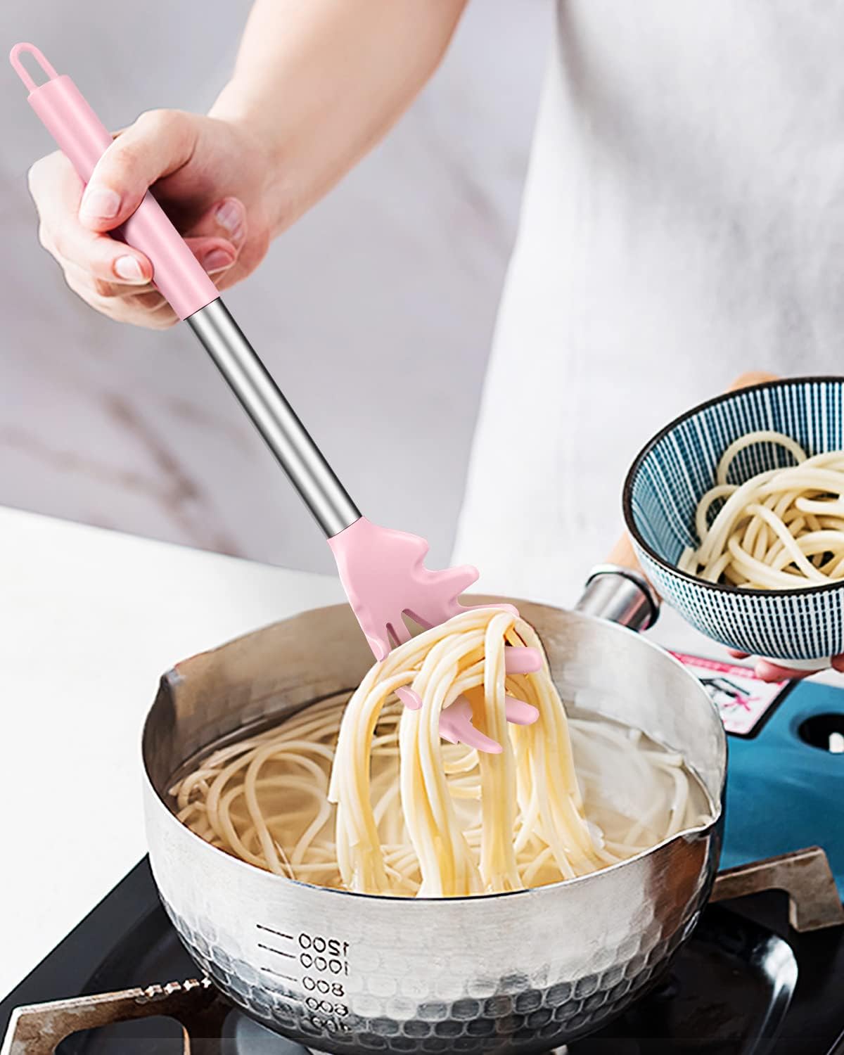 Silicone Pasta Fork, 2 Pack, Gray-Blue | Kitchen Heat Resistant, Noodle Spoon Server, BPA Free, Spaghetti Strainer