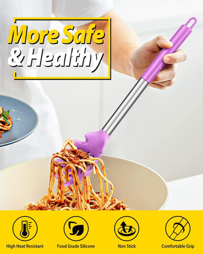 Silicone Pasta Fork, 2 Pack, Gray-Blue | Kitchen Heat Resistant, Noodle Spoon Server, BPA Free, Spaghetti Strainer