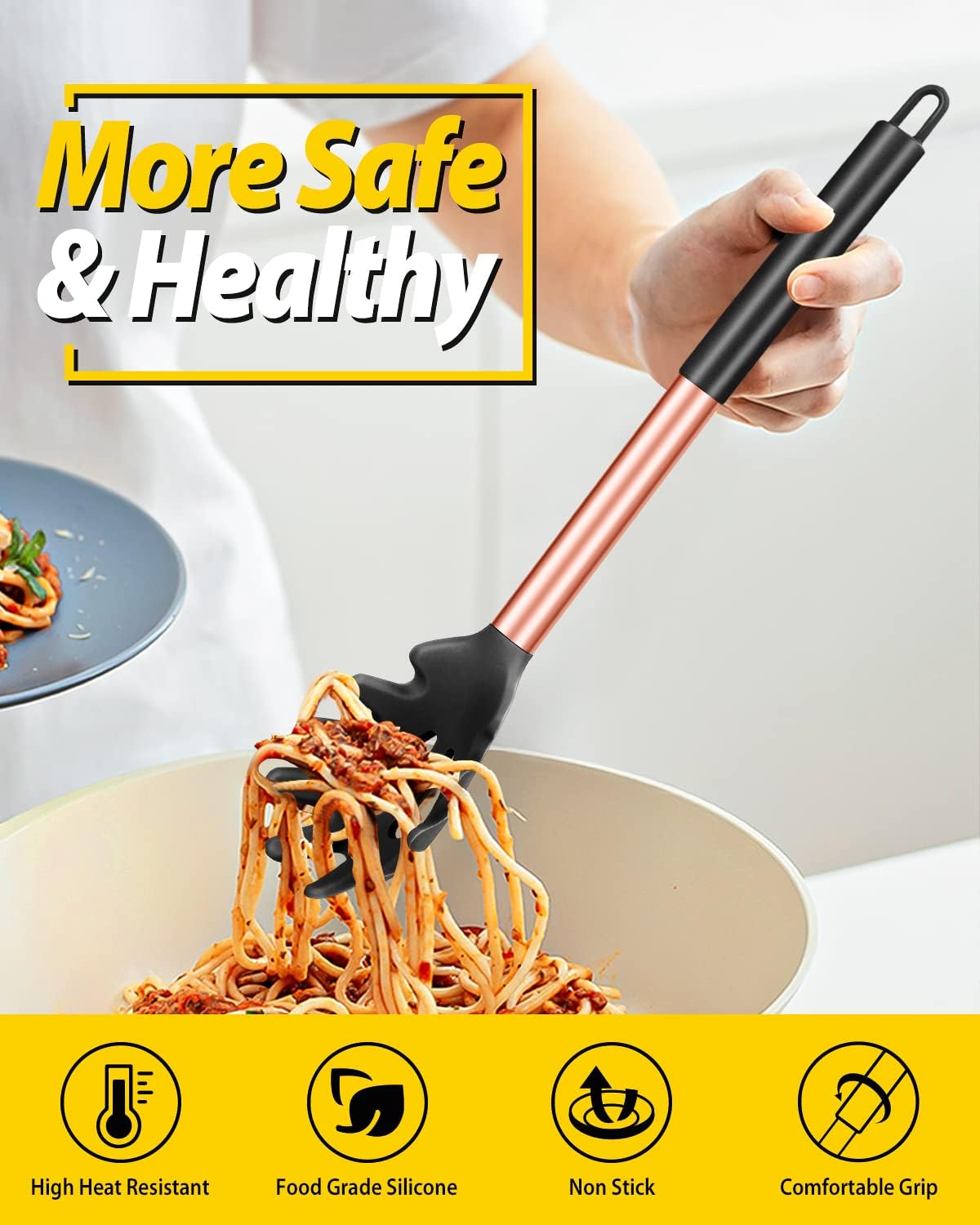 Silicone Pasta Fork, 2 Pack, Gray-Blue | Kitchen Heat Resistant, Noodle Spoon Server, BPA Free, Spaghetti Strainer