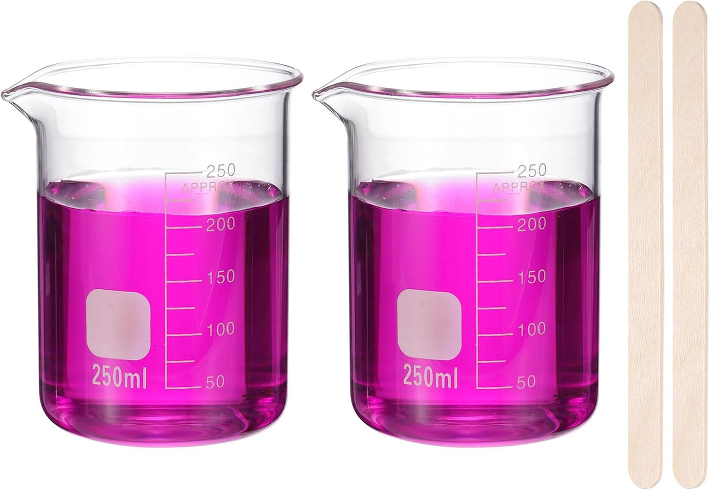 250ml Glass Beaker, 2 Pack Measuring Glass Beaker Graduated Borosilicate Lab Cups Mug Low Form Heat Safe Transparent with 50pcs Wood Sticks for Laboratory Science Kitchen Liquids