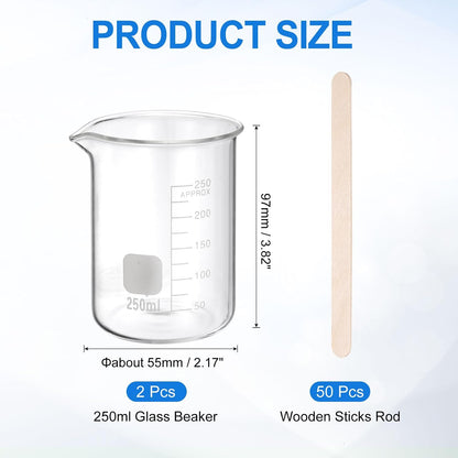 250ml Glass Beaker, 2 Pack Measuring Glass Beaker Graduated Borosilicate Lab Cups Mug Low Form Heat Safe Transparent with 50pcs Wood Sticks for Laboratory Science Kitchen Liquids