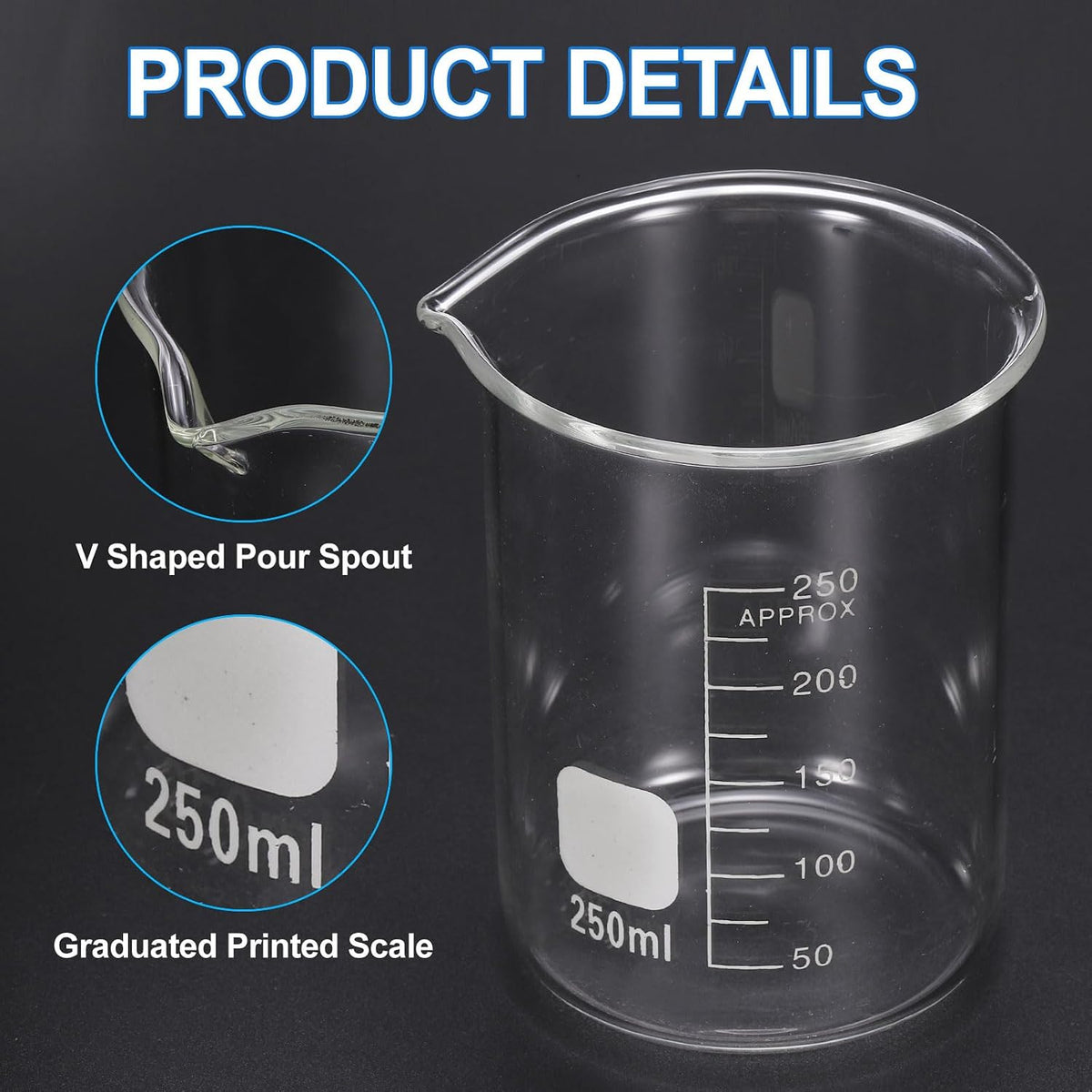 250ml Glass Beaker, 2 Pack Measuring Glass Beaker Graduated Borosilicate Lab Cups Mug Low Form Heat Safe Transparent with 50pcs Wood Sticks for Laboratory Science Kitchen Liquids