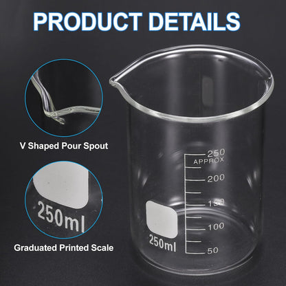 250ml Glass Beaker, 2 Pack Measuring Glass Beaker Graduated Borosilicate Lab Cups Mug Low Form Heat Safe Transparent with 50pcs Wood Sticks for Laboratory Science Kitchen Liquids