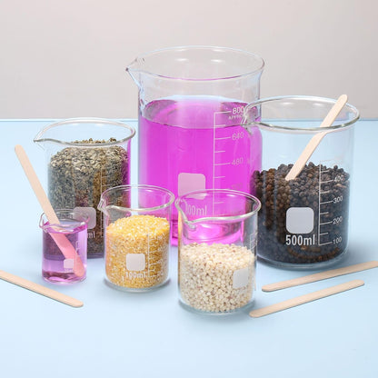 250ml Glass Beaker, 2 Pack Measuring Glass Beaker Graduated Borosilicate Lab Cups Mug Low Form Heat Safe Transparent with 50pcs Wood Sticks for Laboratory Science Kitchen Liquids