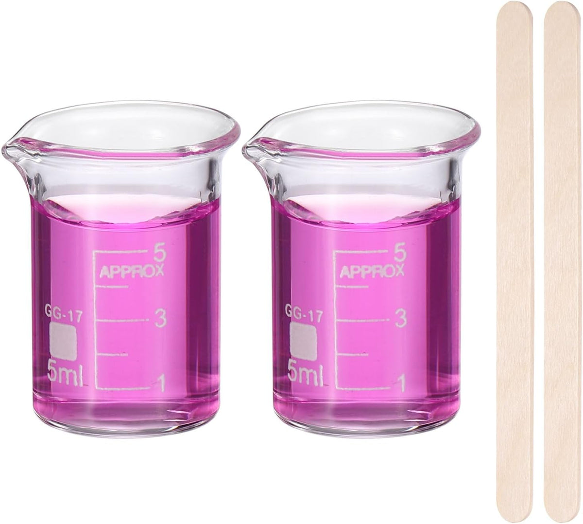 250ml Glass Beaker, 2 Pack Measuring Glass Beaker Graduated Borosilicate Lab Cups Mug Low Form Heat Safe Transparent with 50pcs Wood Sticks for Laboratory Science Kitchen Liquids