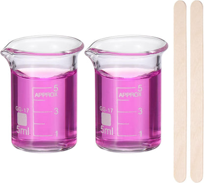 250ml Glass Beaker, 2 Pack Measuring Glass Beaker Graduated Borosilicate Lab Cups Mug Low Form Heat Safe Transparent with 50pcs Wood Sticks for Laboratory Science Kitchen Liquids