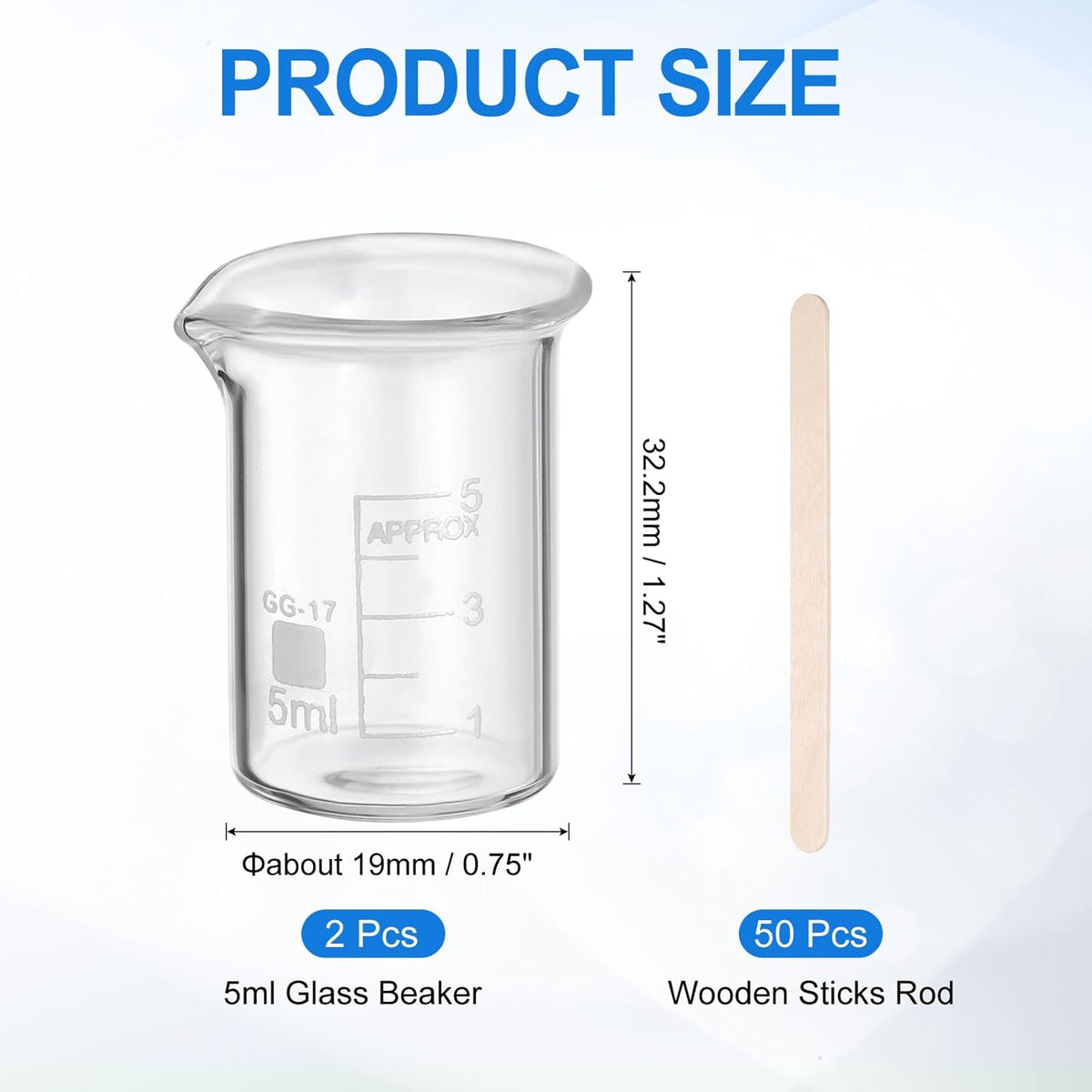 250ml Glass Beaker, 2 Pack Measuring Glass Beaker Graduated Borosilicate Lab Cups Mug Low Form Heat Safe Transparent with 50pcs Wood Sticks for Laboratory Science Kitchen Liquids