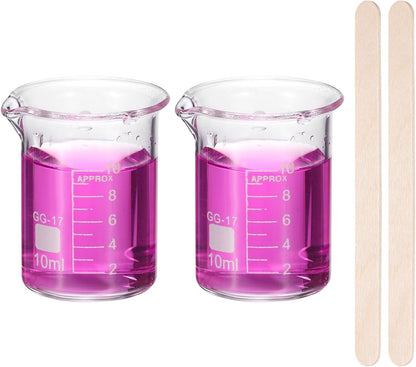250ml Glass Beaker, 2 Pack Measuring Glass Beaker Graduated Borosilicate Lab Cups Mug Low Form Heat Safe Transparent with 50pcs Wood Sticks for Laboratory Science Kitchen Liquids