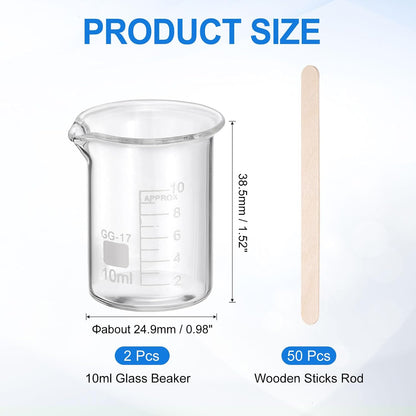 250ml Glass Beaker, 2 Pack Measuring Glass Beaker Graduated Borosilicate Lab Cups Mug Low Form Heat Safe Transparent with 50pcs Wood Sticks for Laboratory Science Kitchen Liquids