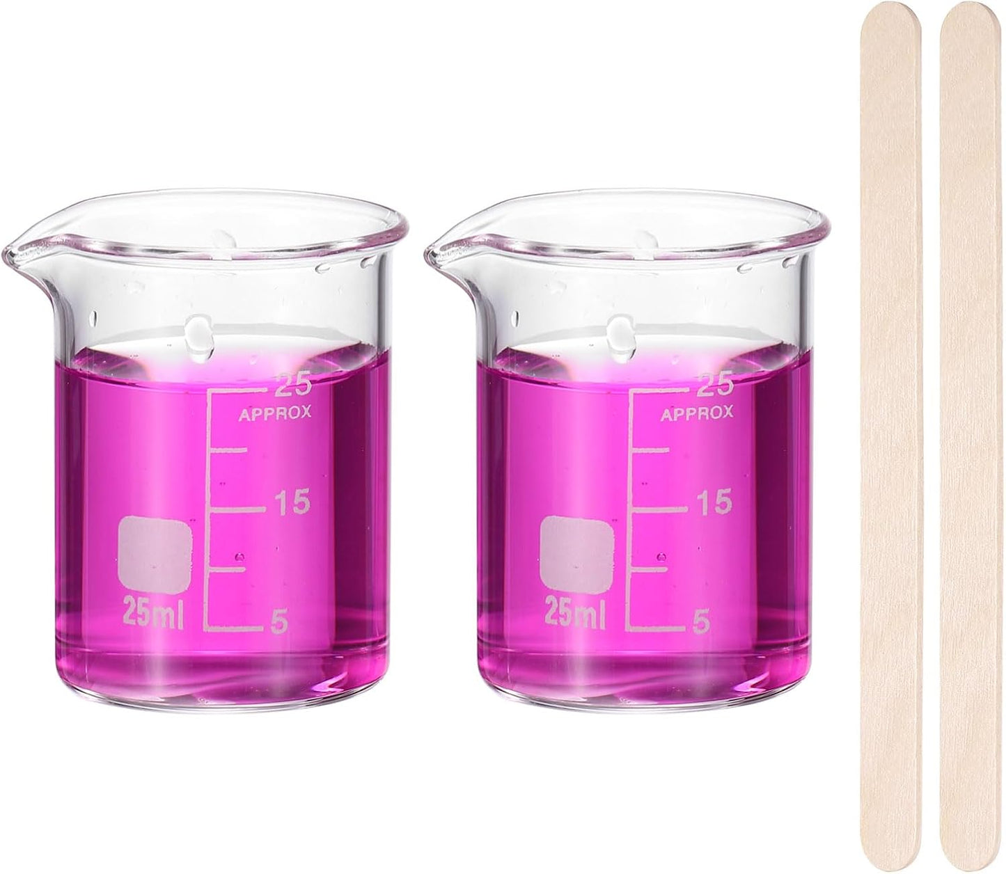250ml Glass Beaker, 2 Pack Measuring Glass Beaker Graduated Borosilicate Lab Cups Mug Low Form Heat Safe Transparent with 50pcs Wood Sticks for Laboratory Science Kitchen Liquids