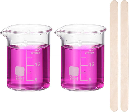 250ml Glass Beaker, 2 Pack Measuring Glass Beaker Graduated Borosilicate Lab Cups Mug Low Form Heat Safe Transparent with 50pcs Wood Sticks for Laboratory Science Kitchen Liquids