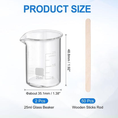 250ml Glass Beaker, 2 Pack Measuring Glass Beaker Graduated Borosilicate Lab Cups Mug Low Form Heat Safe Transparent with 50pcs Wood Sticks for Laboratory Science Kitchen Liquids