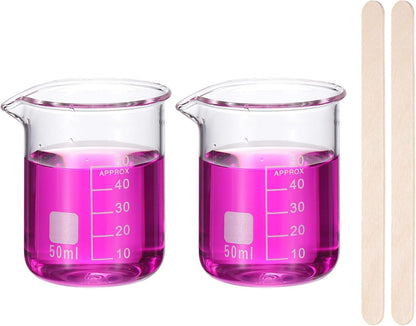 250ml Glass Beaker, 2 Pack Measuring Glass Beaker Graduated Borosilicate Lab Cups Mug Low Form Heat Safe Transparent with 50pcs Wood Sticks for Laboratory Science Kitchen Liquids