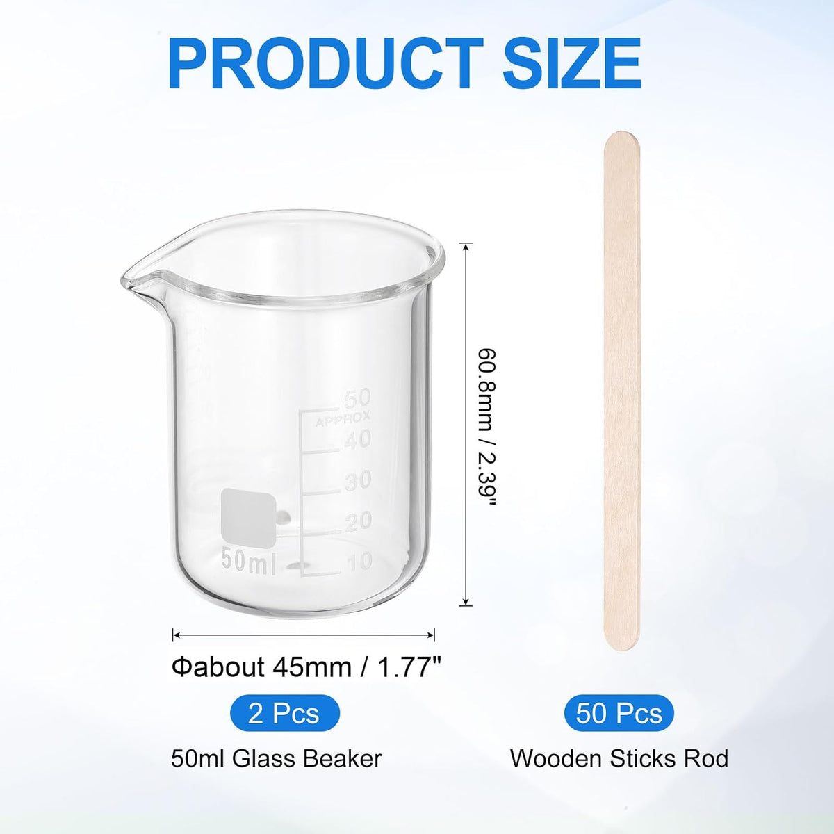 250ml Glass Beaker, 2 Pack Measuring Glass Beaker Graduated Borosilicate Lab Cups Mug Low Form Heat Safe Transparent with 50pcs Wood Sticks for Laboratory Science Kitchen Liquids