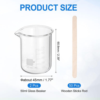 250ml Glass Beaker, 2 Pack Measuring Glass Beaker Graduated Borosilicate Lab Cups Mug Low Form Heat Safe Transparent with 50pcs Wood Sticks for Laboratory Science Kitchen Liquids