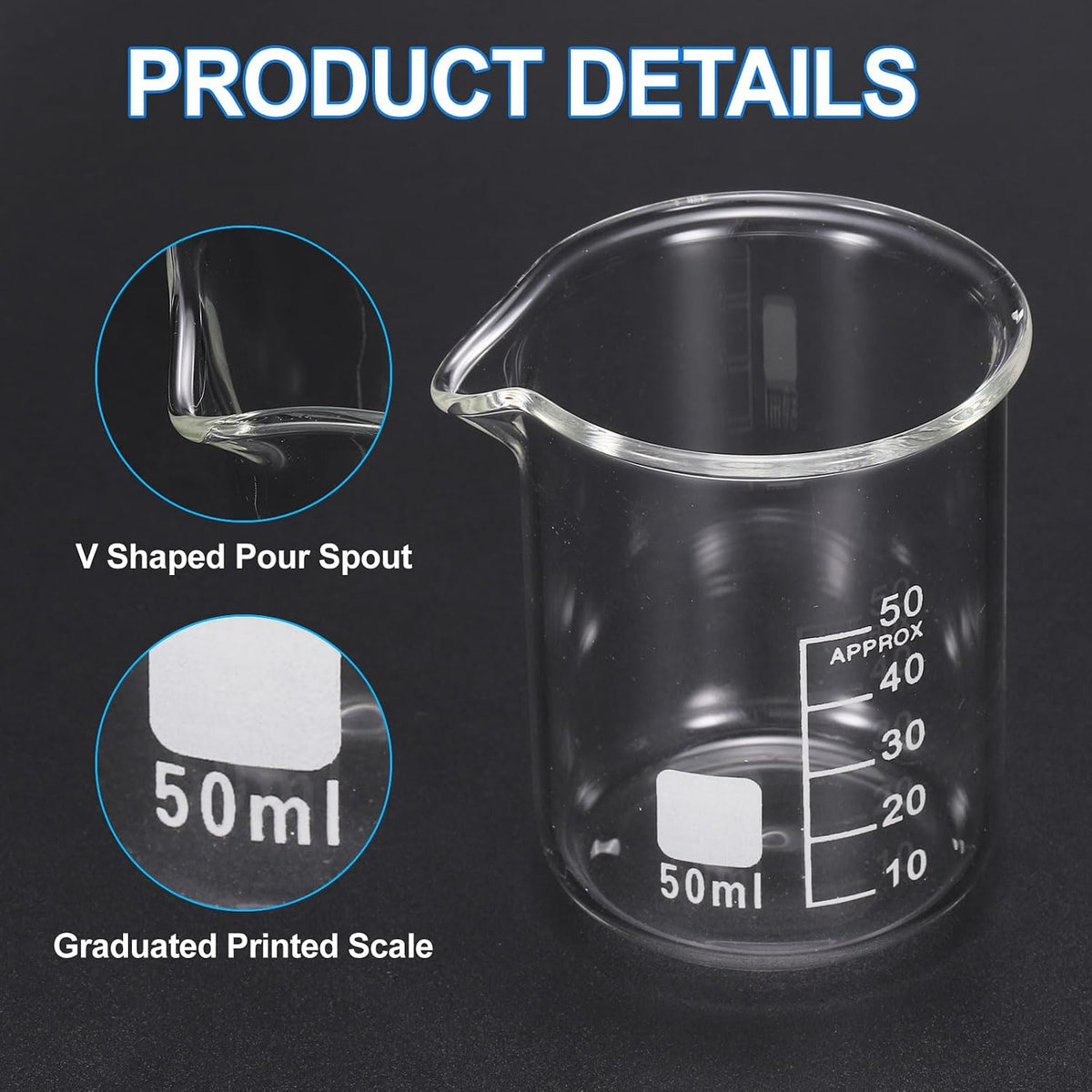 250ml Glass Beaker, 2 Pack Measuring Glass Beaker Graduated Borosilicate Lab Cups Mug Low Form Heat Safe Transparent with 50pcs Wood Sticks for Laboratory Science Kitchen Liquids