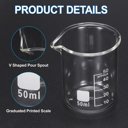 250ml Glass Beaker, 2 Pack Measuring Glass Beaker Graduated Borosilicate Lab Cups Mug Low Form Heat Safe Transparent with 50pcs Wood Sticks for Laboratory Science Kitchen Liquids