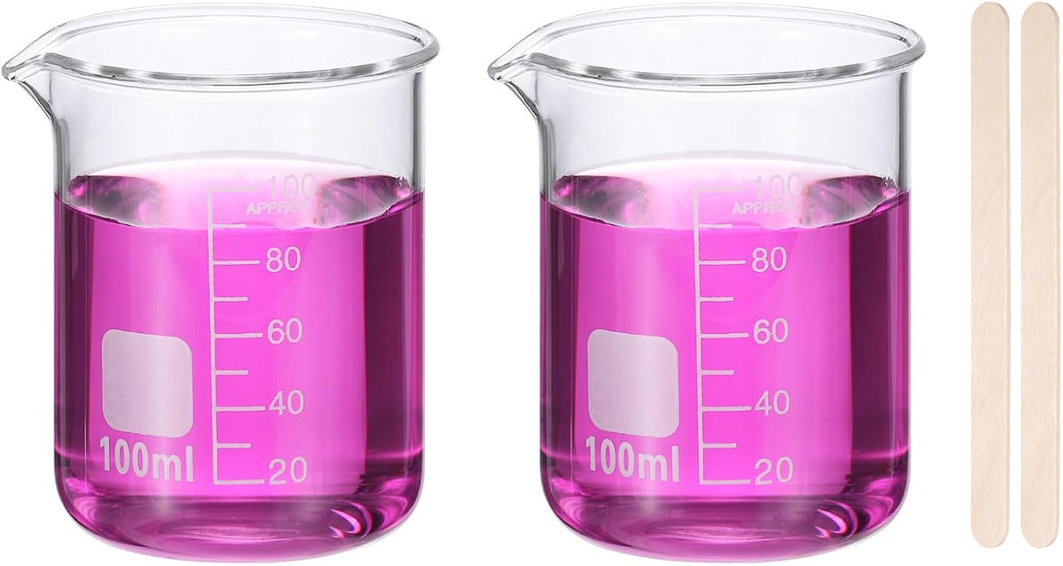 250ml Glass Beaker, 2 Pack Measuring Glass Beaker Graduated Borosilicate Lab Cups Mug Low Form Heat Safe Transparent with 50pcs Wood Sticks for Laboratory Science Kitchen Liquids