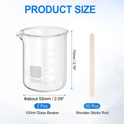 250ml Glass Beaker, 2 Pack Measuring Glass Beaker Graduated Borosilicate Lab Cups Mug Low Form Heat Safe Transparent with 50pcs Wood Sticks for Laboratory Science Kitchen Liquids